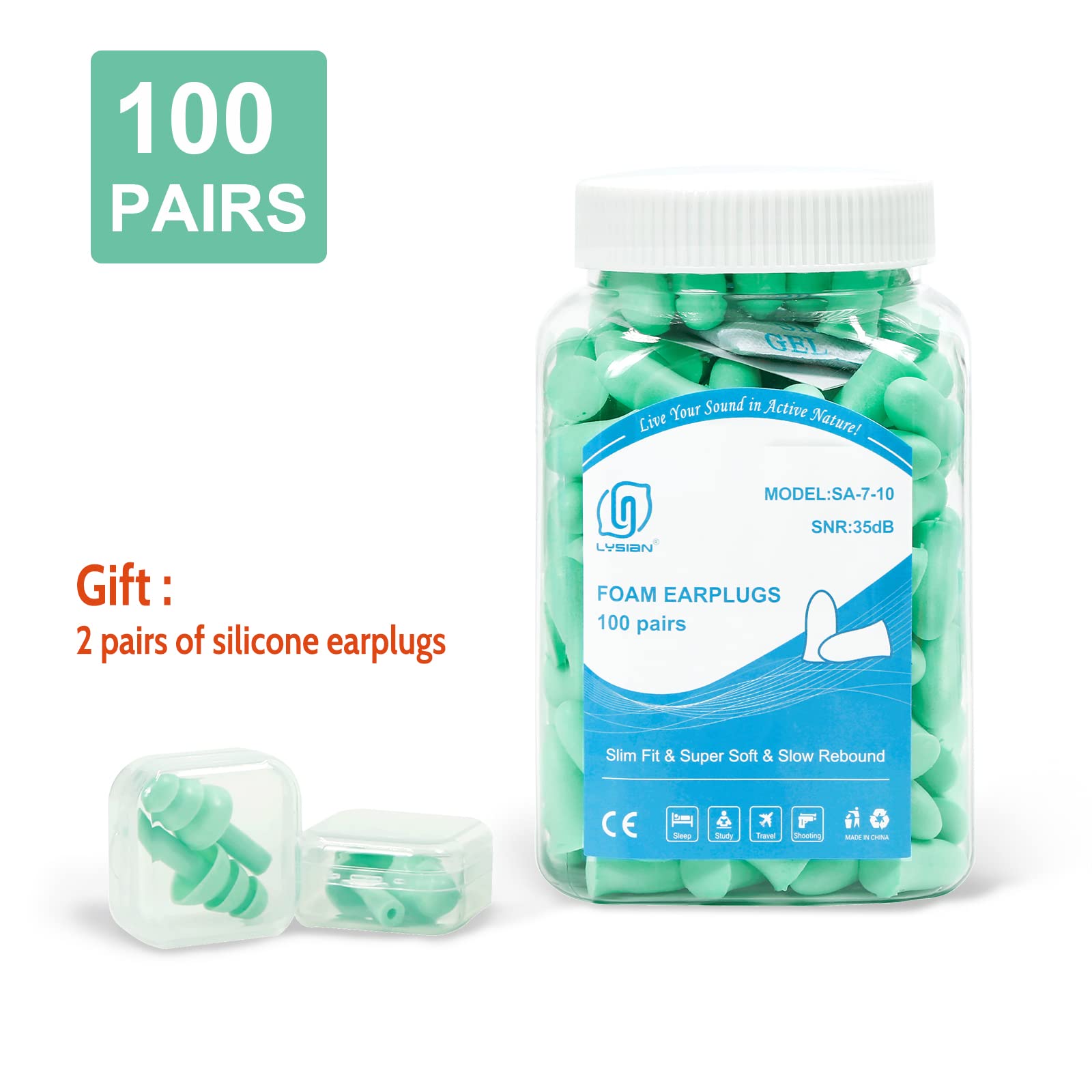 LYSIAN 100 Pairs Slim Foam Ear Plugs for Small Ear Canals Women, 35dB SNR Noise Canceling Sound Blocking Reduction Earplugs for