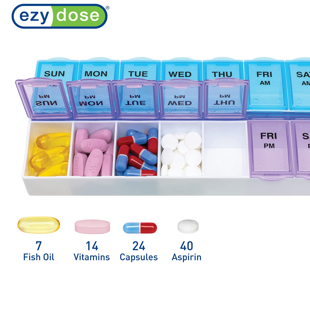 EZY DOSE Weekly (7-Day) AM/PMPill Case, Medicine Planner, Vitamin Organizer Box, Large Compartments, 2 Times a Day, Blue and Pur