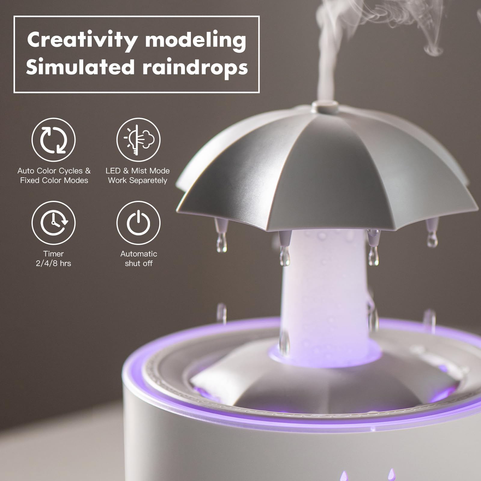 Rain Umbrella Humidifier,Essential Oil Aroma Diffuser with Soothing Rain Sounds,Water Drip Effect,7 Colors Mood Lights,Remote Co