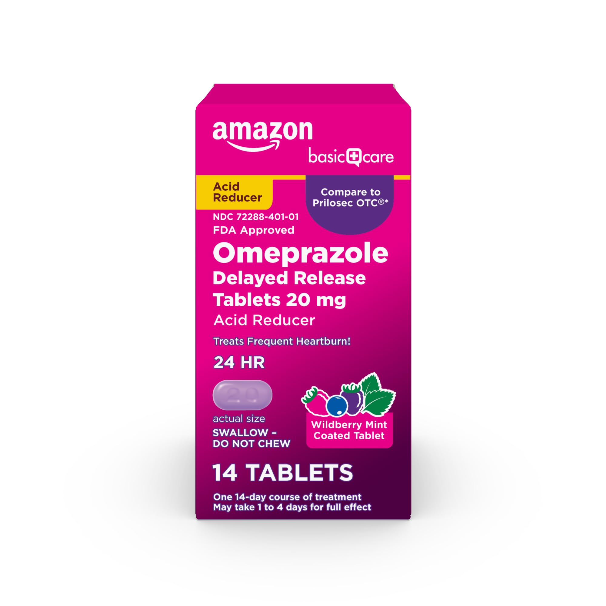 Amazon Basic Care Omeprazole Delayed Release Tablets 20 mg, Acid Reducer, Wildberry Mint Coated Tablet, 14 Count
