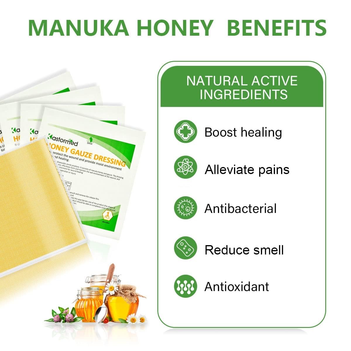 Manuka Honey Wound Care, Honey Gauze Dressing 2 x 2 - Pack of 15, 100% Medical Grade Honey Patch for Faster Healing from Burns,
