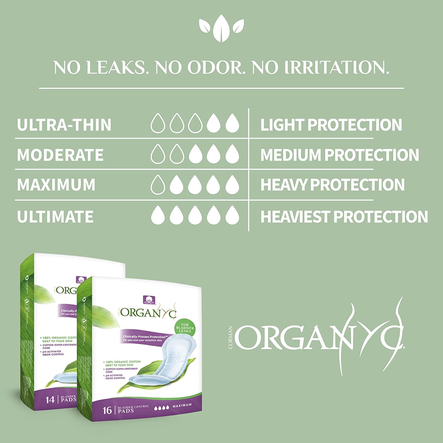 Organyc - 100% Organic Cotton Light Incontinence Pads for Bladder Leaks, FSA/HSA Eligible, Ultimate Flow, 14 Count