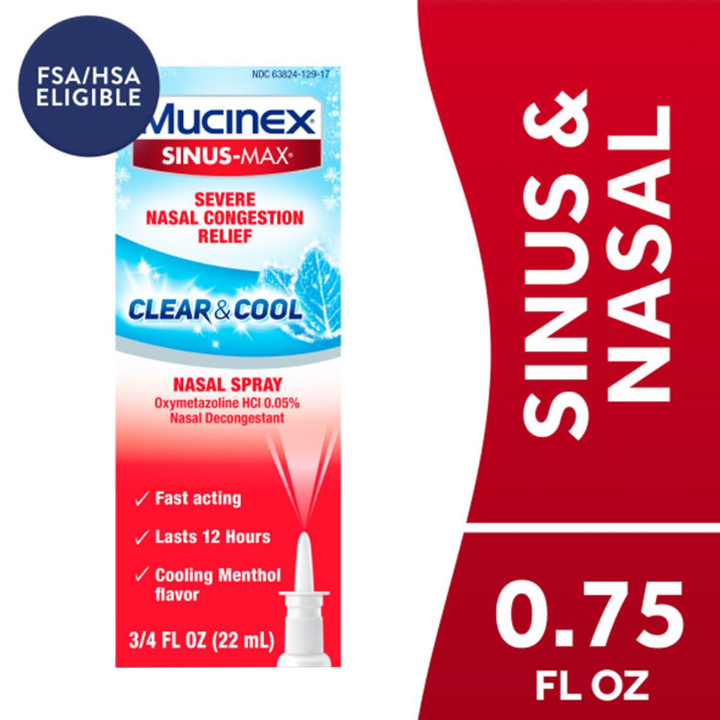 Mucinex Nasal Decongestant Spray, Sinus-Max Severe Nasal Congestion Relief Clear & Cool Nasal Spray, Lasts 12 Hours, Fast Acting