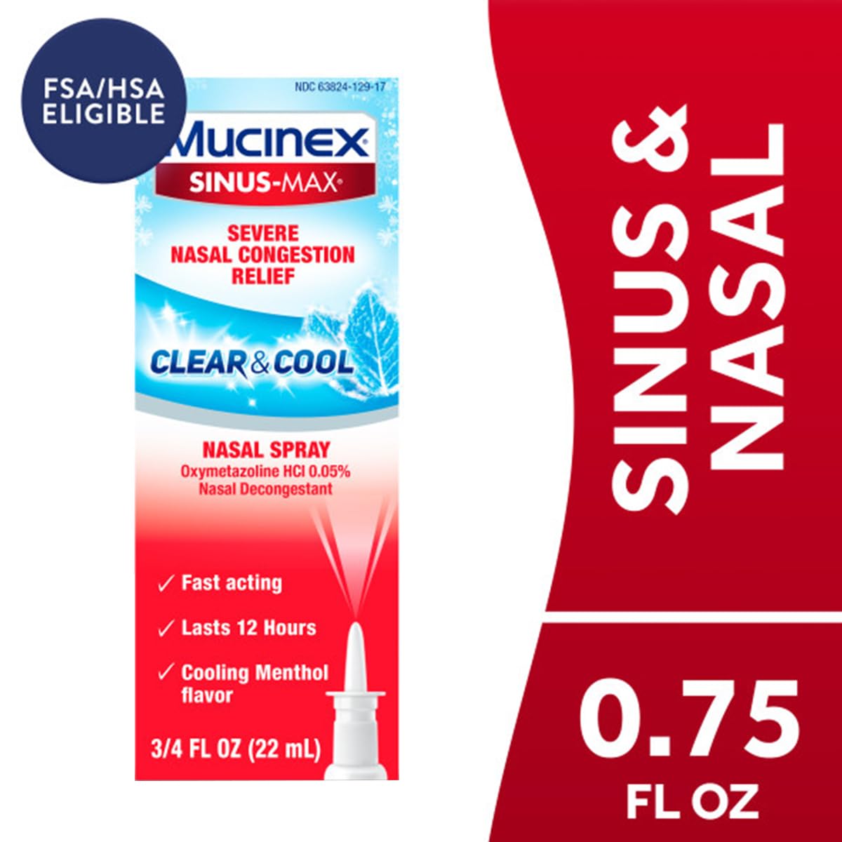 Mucinex Nasal Decongestant Spray, Sinus-Max Severe Nasal Congestion Relief Clear & Cool Nasal Spray, Lasts 12 Hours, Fast Acting