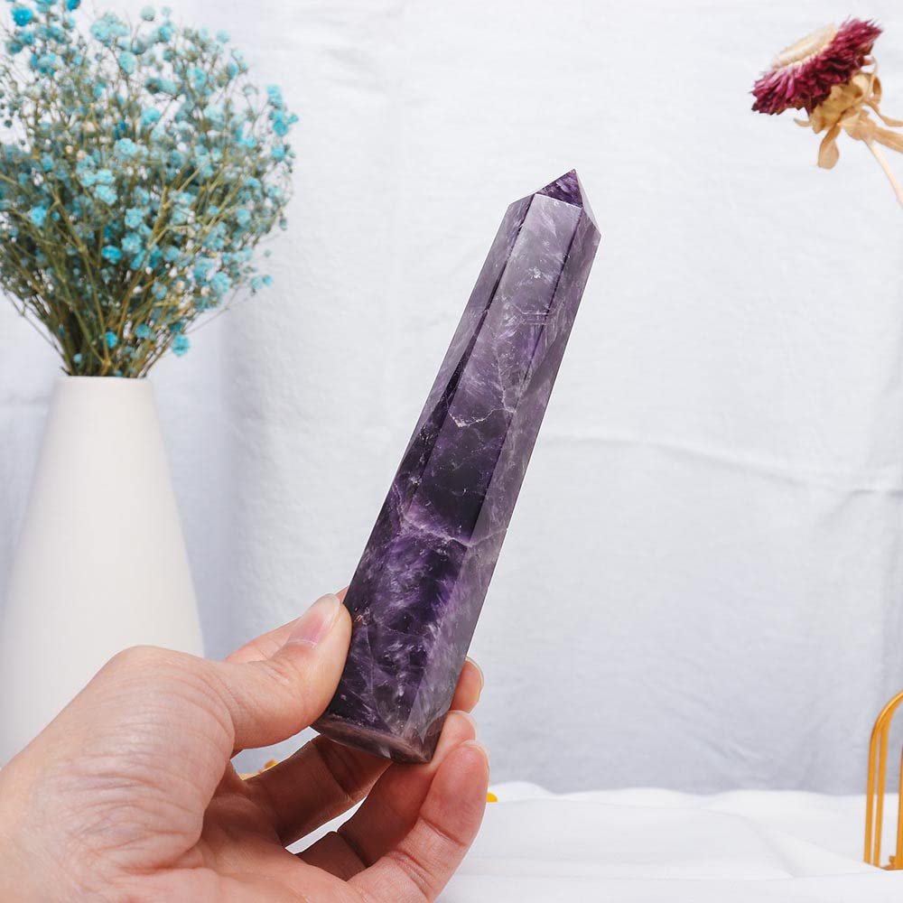 Apengshi Large Natural Dream Amethyst Healing Crystal Tower 5.9-6.3 6 Faceted Single Point Chakra Crystal Wand Energy Meditation