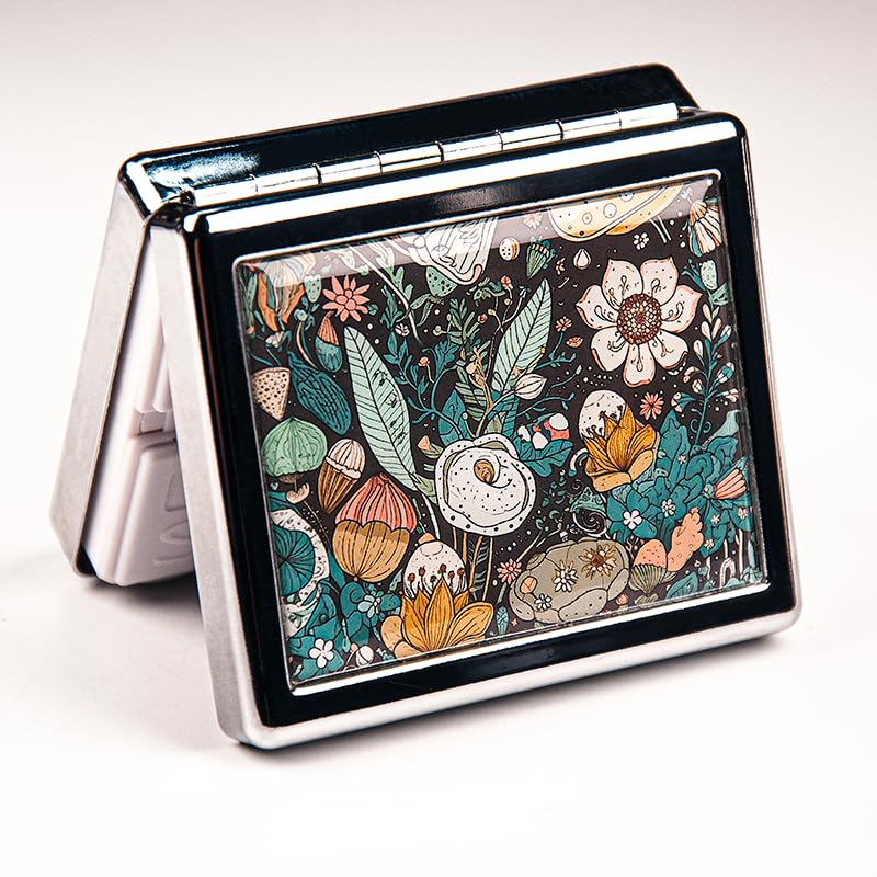 BOKAAW Magic Flowers 7 Days Chromed Shiny Silver Pill Organizer with Mirror Inside Has 8 Separate Compartments Rectangle 7 Days