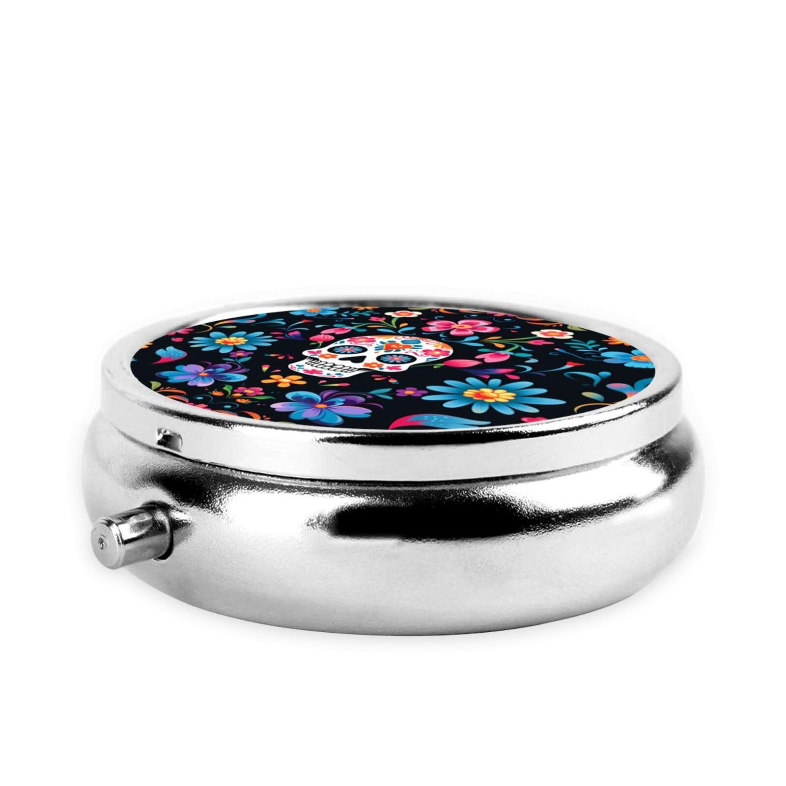 keluki Mexican Sugar Skulls Flowers Print Round Metal Pill Box with 3 Compartment for Pocket or Purse Travel Bag Mini Small Size