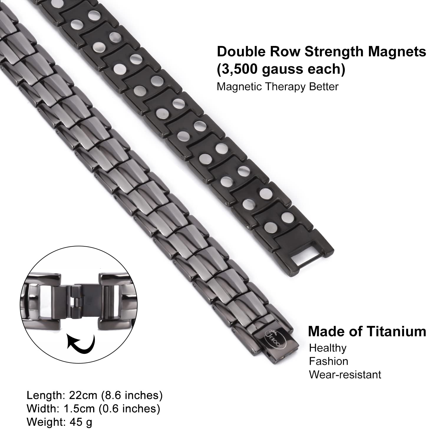 JEROOT Magnetic Bracelets for Men, Pure Titanium Double Row Strong Magnets (3500Gauss Per Magnet) Bracelet, Men's Bracelet with