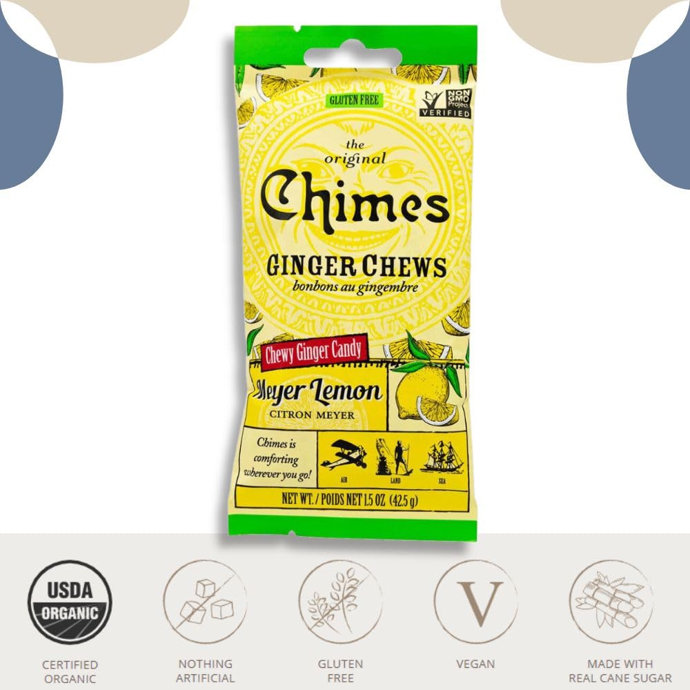 Chimes Ginger Chews Variety Pack of 4 Bundle - 1 of each (Original, Mango, Lemon & Orange) 6 oz total Low Calorie, Vegan, GF, Or