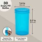 Juvale 30 Pack Empty Pill Bottles with Pop Top Caps, 19 Dram Prescription Medicine Containers (Blue)