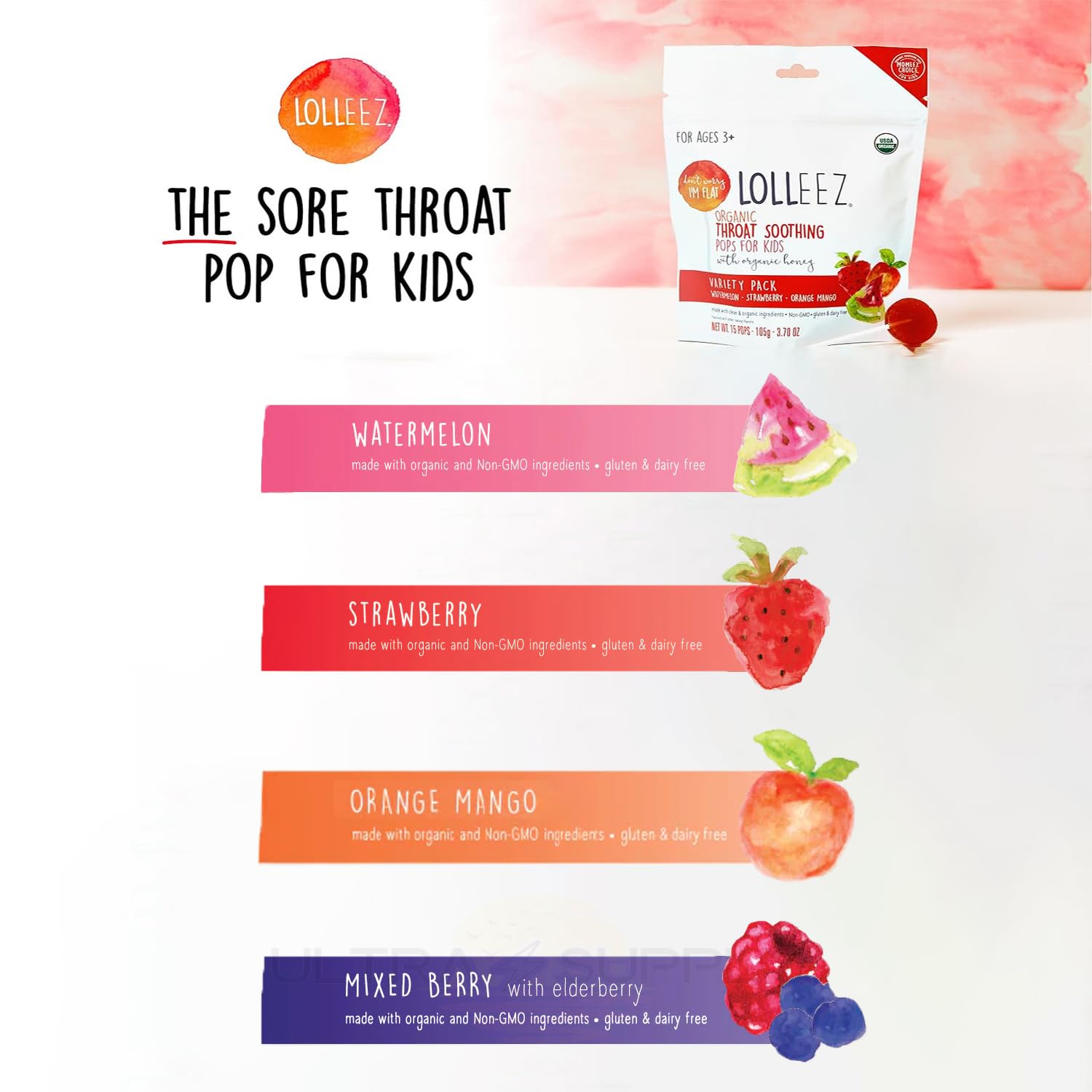 Organic Lollipops Throat Soothing Pops with Organic Honey, 40 Count, Variety Pack (Watermelon, Strawberry, Orange Mango, Mixed B