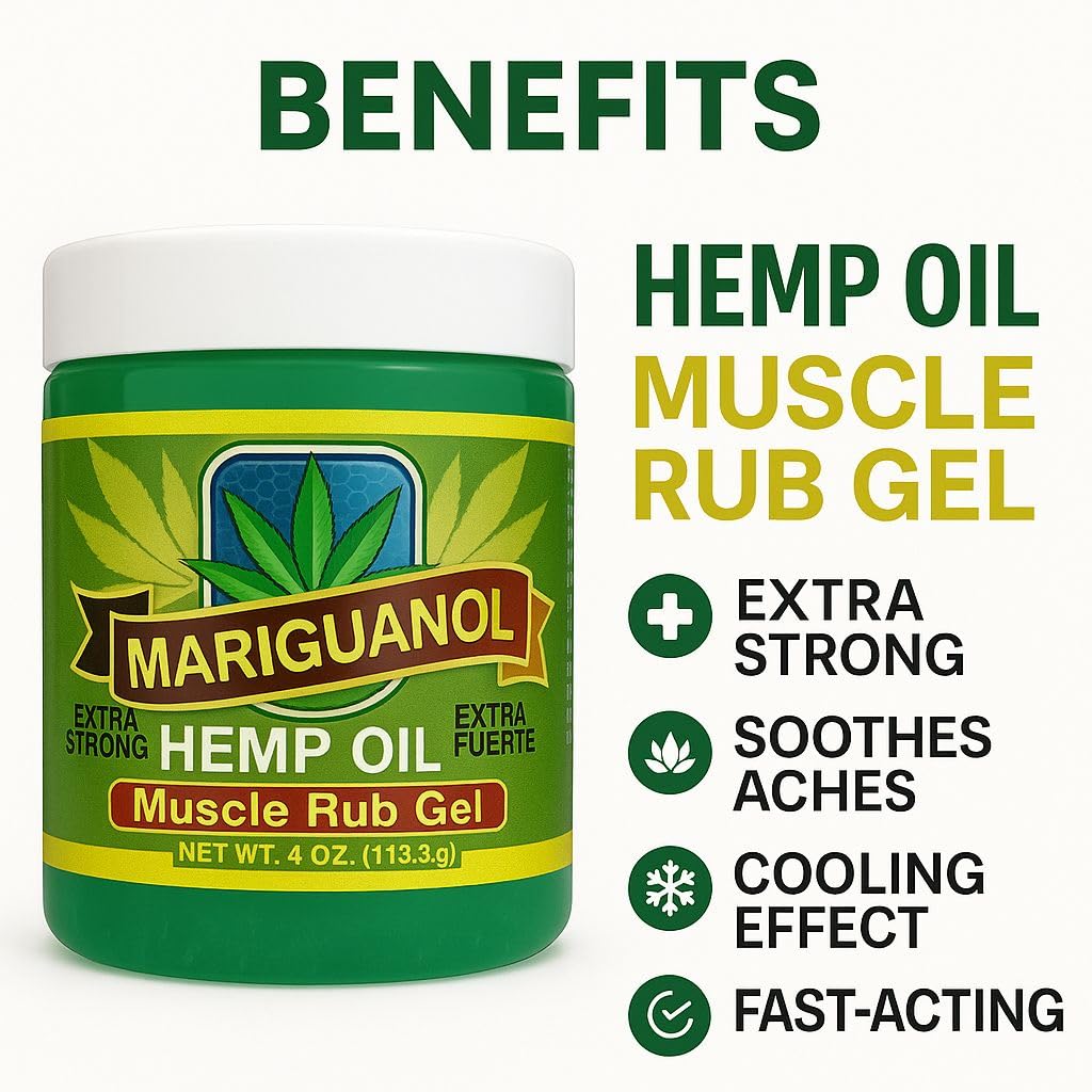Mariguanol Extra Strong Muscle Rub Gel with Hemp Oil 4 Oz. - Alleviates Aches, Muscle Stiffness, & Improves Joint Mobility - Net