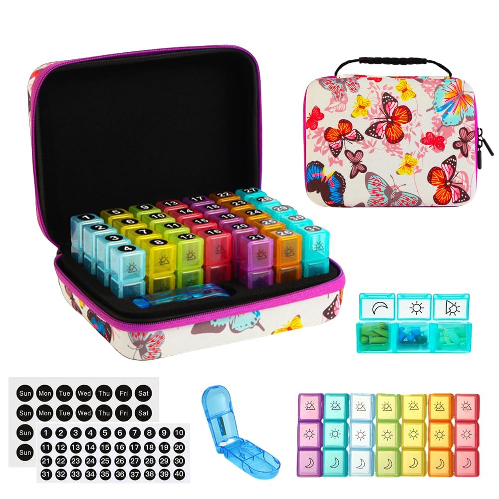 GZWENHAN 31-Day Monthly Pill Organizer with 3 Daily Compartments, Travel Medication Box with Pill Cutter, AM PM Storage Case (Bu