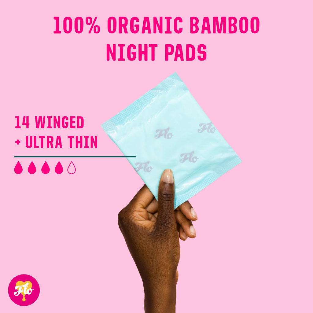 FLO Organic Bamboo Period Pads for Women, Biodegradable, Winged, Feminine Care, Organic Menstrual Products, Plant-Based, Plastic