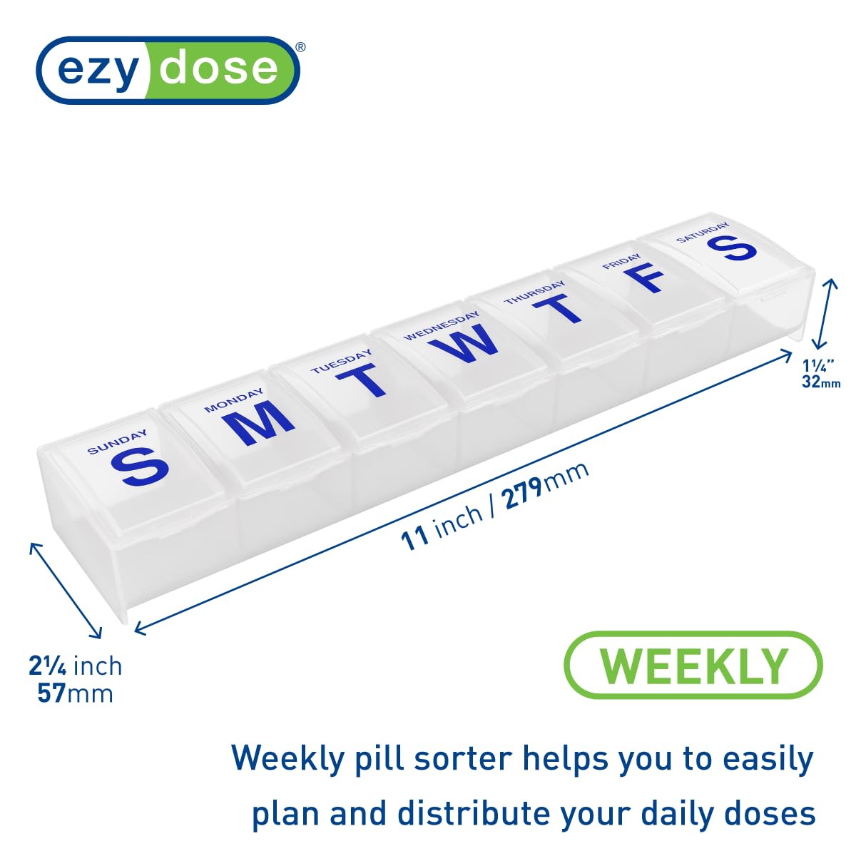 EZY DOSE Weekly (7-Day) Pill Case, Medicine Planner, Vitamin Organizer Box, 3X-Large Compartments to Secure Prescription Medicat