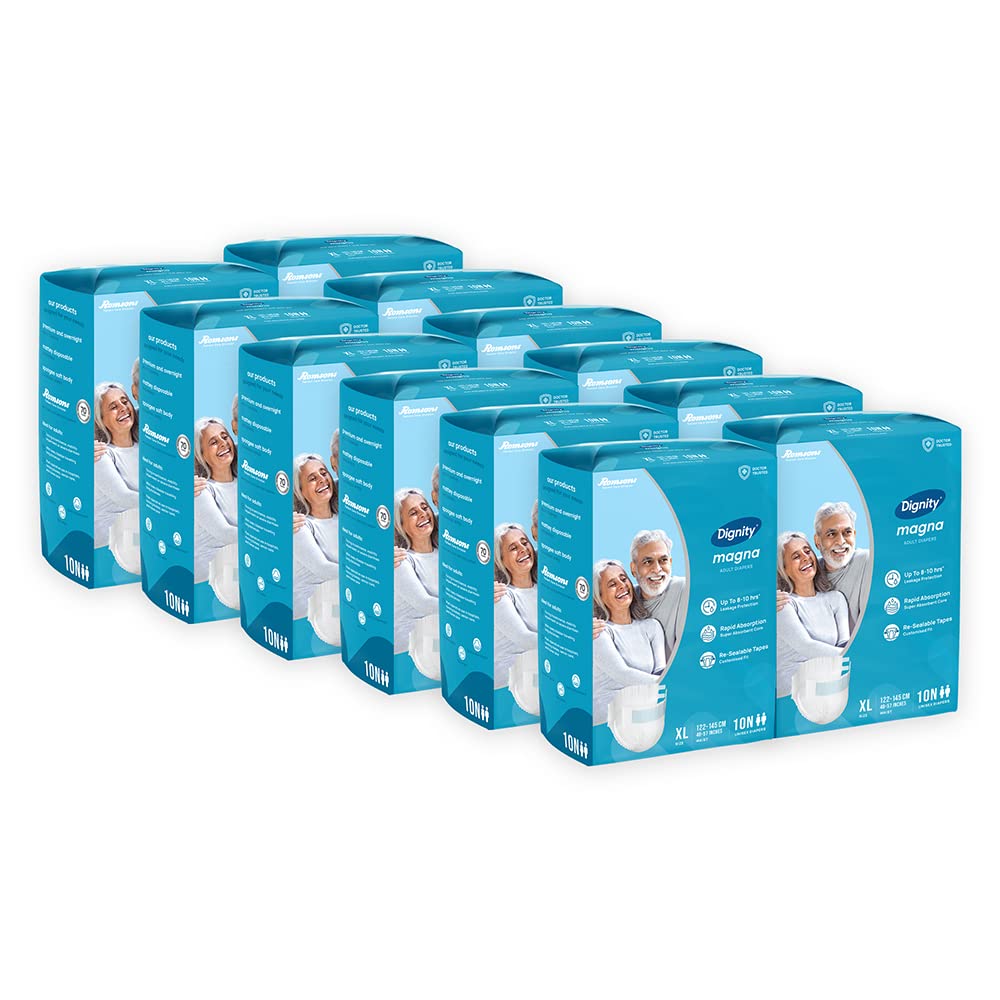 Dignity Magna Tape Style Adult Diapers  Xl (120 Pieces) With Wetness Indicator And Leakage Protection Upto 810 Hrs.
