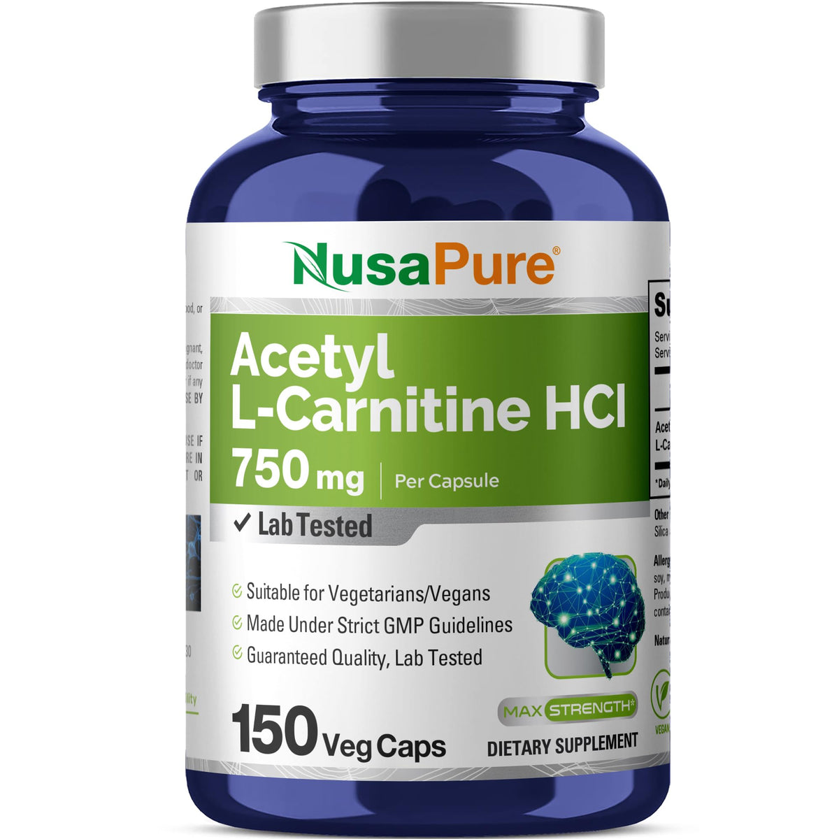NusaPure Acetyl L-Carnitine 750mg per Caps 150 Veggie Capsules (Non-GMO, Vegan) High Potency Acetyl L Carnitine HCL (ALCAR)