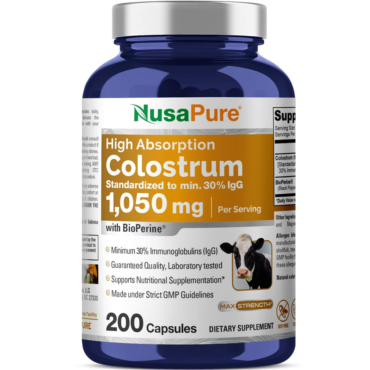 NusaPure Colostrum 1050mg 30% IgG 200 capsules (Non-GMO, Soyfree) Bioperine