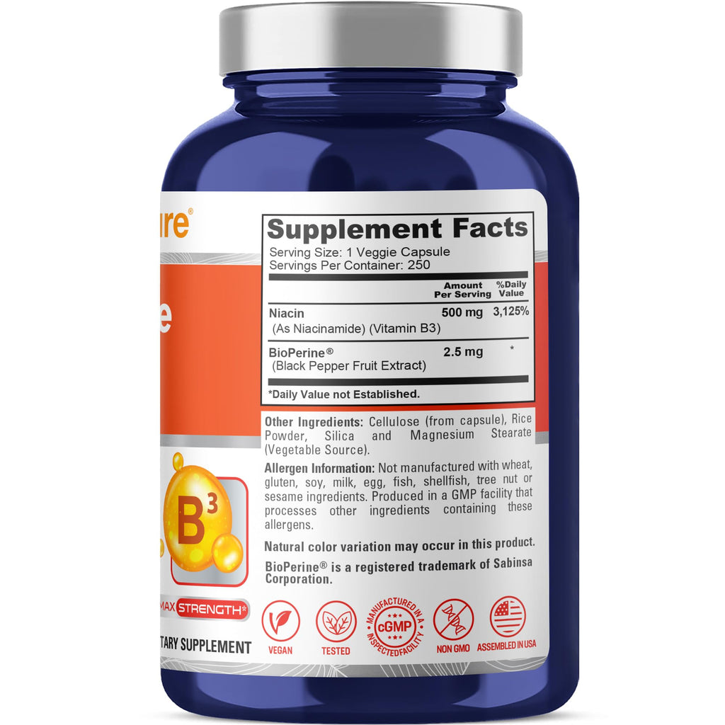 NusaPure FLUSH Free Niacin - Suitable for Vegetarian/Vegan, Non - GMO - 500 mg - 250 Capsules