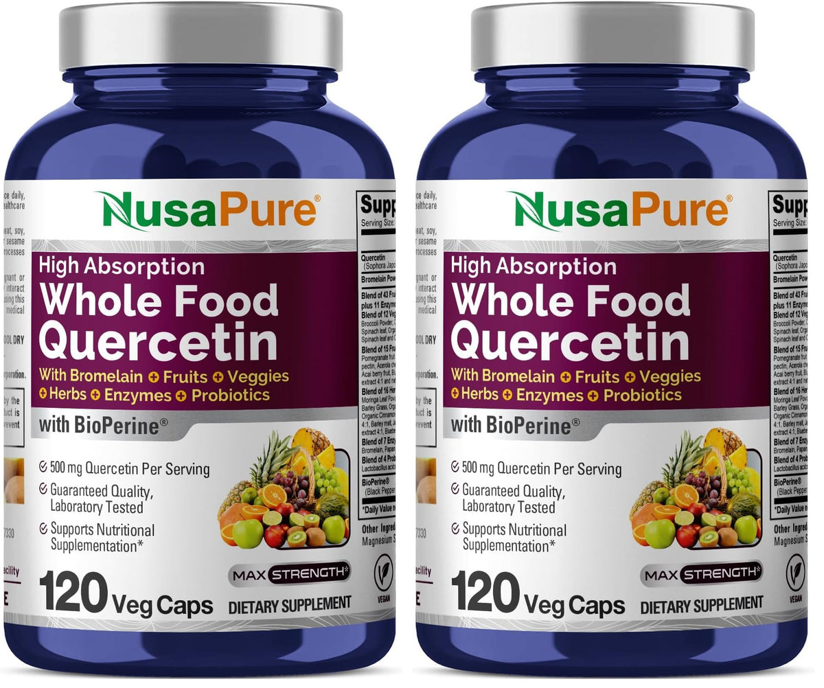 NusaPure Quercetin with Bromelain 500mg |120 Veggie Caps | 43 Fruit Veggie Grain Herbs Enzyme Probiotic Blend | Non-GMO, Vegan, Bioperine