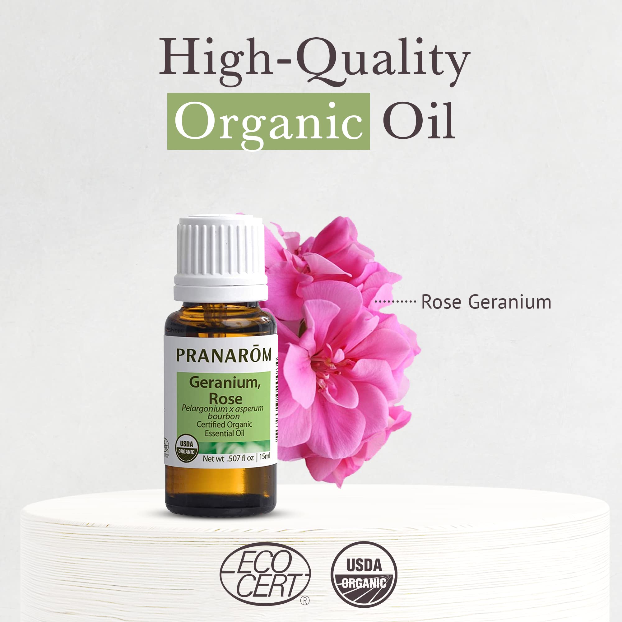 Pranarom USDA Certified Organic Rose Geranium Essential Oil (5ml), 100% Pure Undiluted Therapeutic Grade from Madagascar for Aro