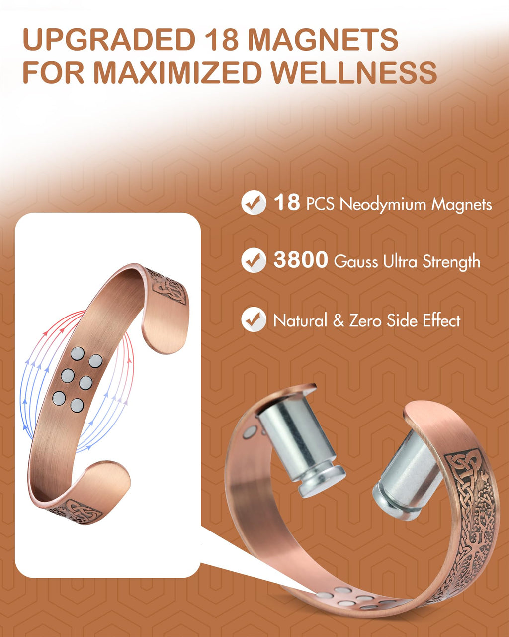 Feraco Copper Magnetic Bracelets for Men Women with 18X Ultra Strength Magnets, Tree of Life Pattern, 99.99% Pure Solid Copper C