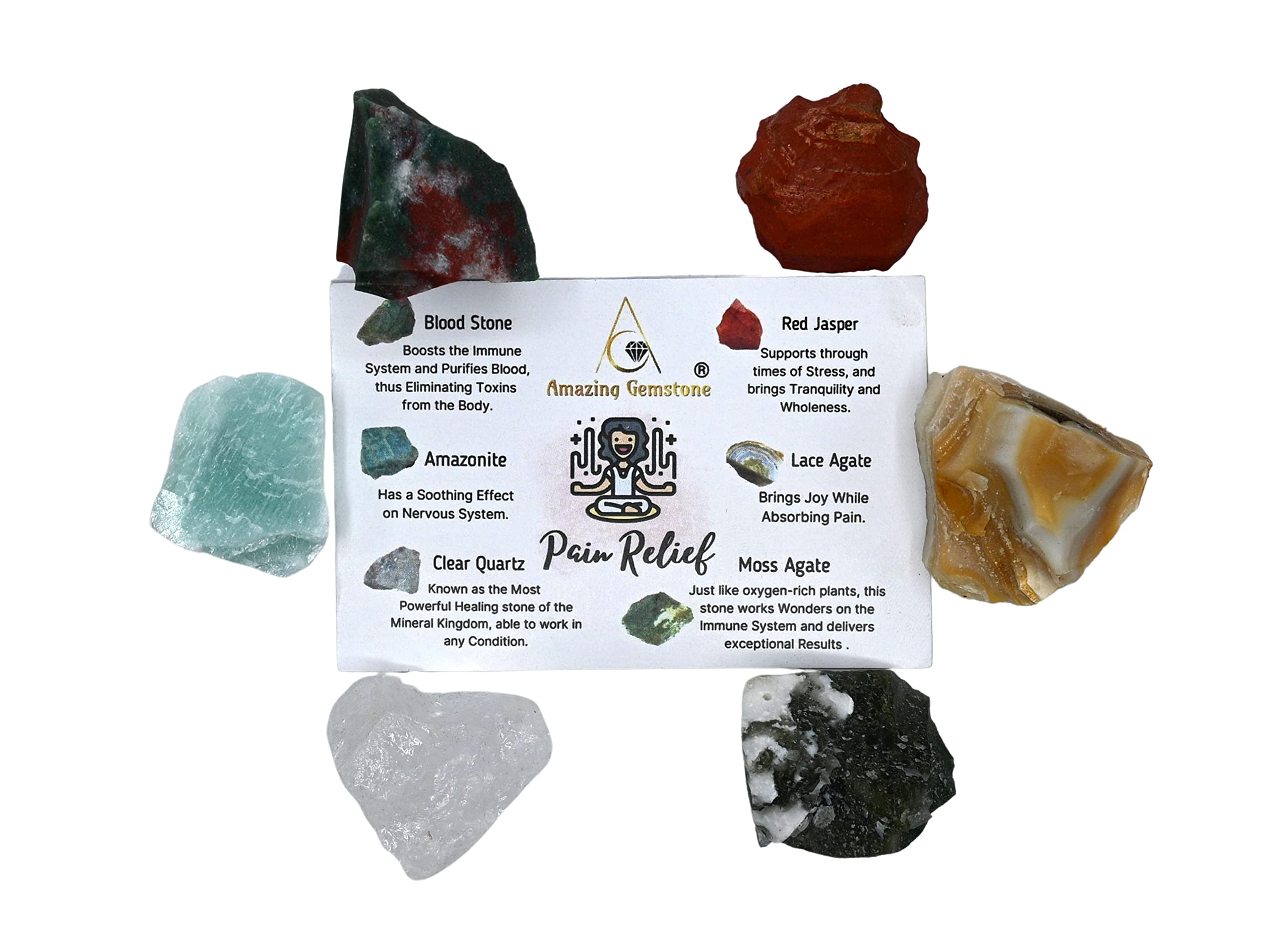 Crystals for Pain Relief Manifestation, Set of 6 Blood Stone, Amazonite, Clear Quartz, Red Jasper, Lace Agate and Moss Agate Hea