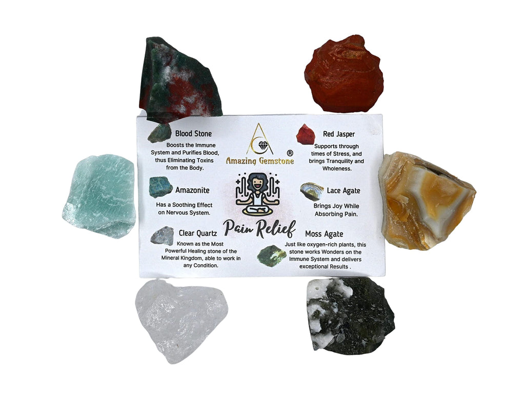 Crystals for Pain Relief Manifestation, Set of 6 Blood Stone, Amazonite, Clear Quartz, Red Jasper, Lace Agate and Moss Agate Hea