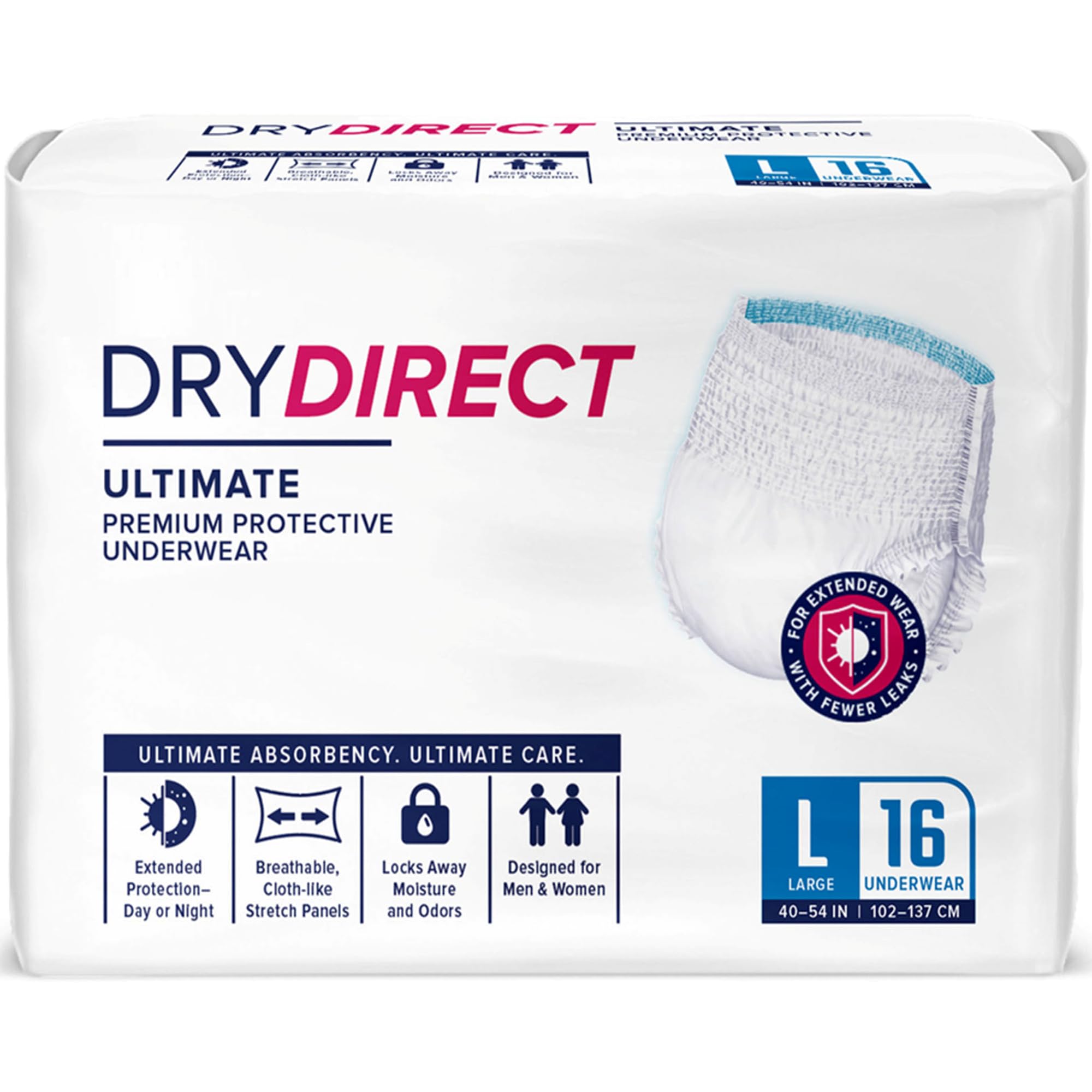 Dry Direct Ultimate Underwear, Made-in-USA Adult Diapers, Max Absorbency Disposable Incontinence Protection - Large (Pack of 16)