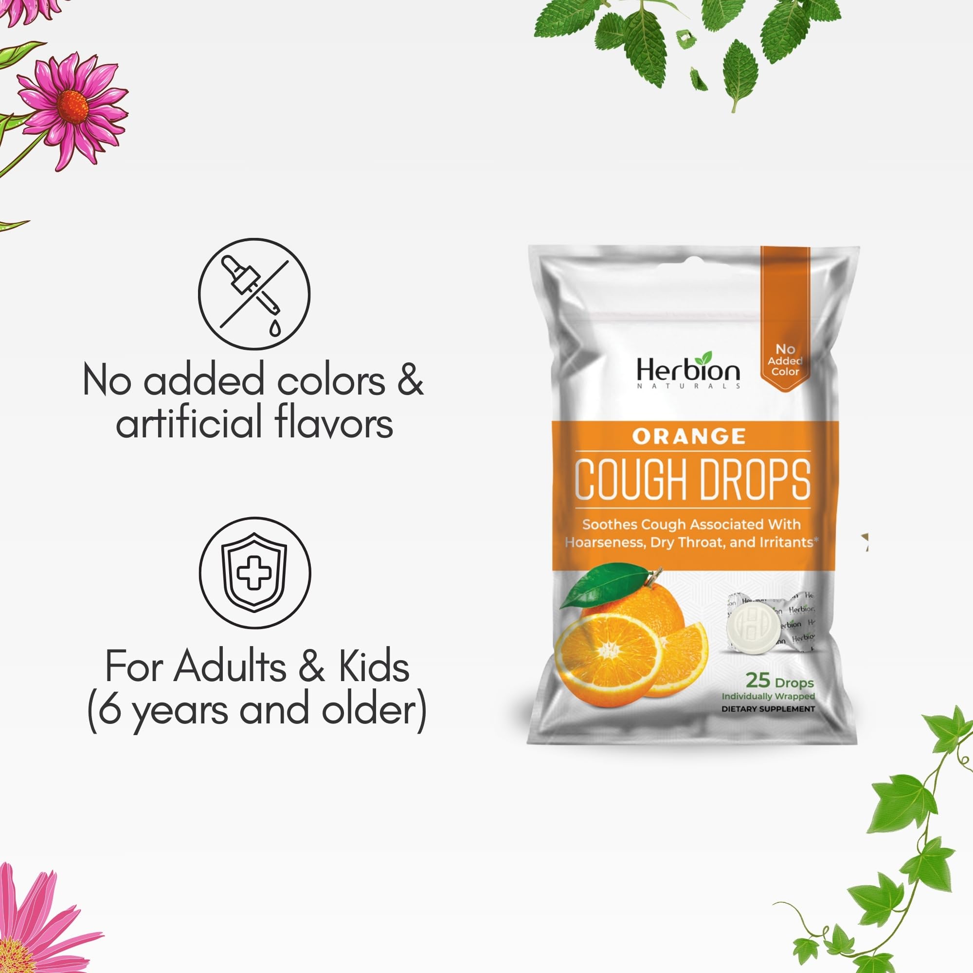 Herbion Naturals Cough Drops with Natural Orange Flavor, Dietary Supplement, Soothes Cough, for Adults and Children Over 6 Years