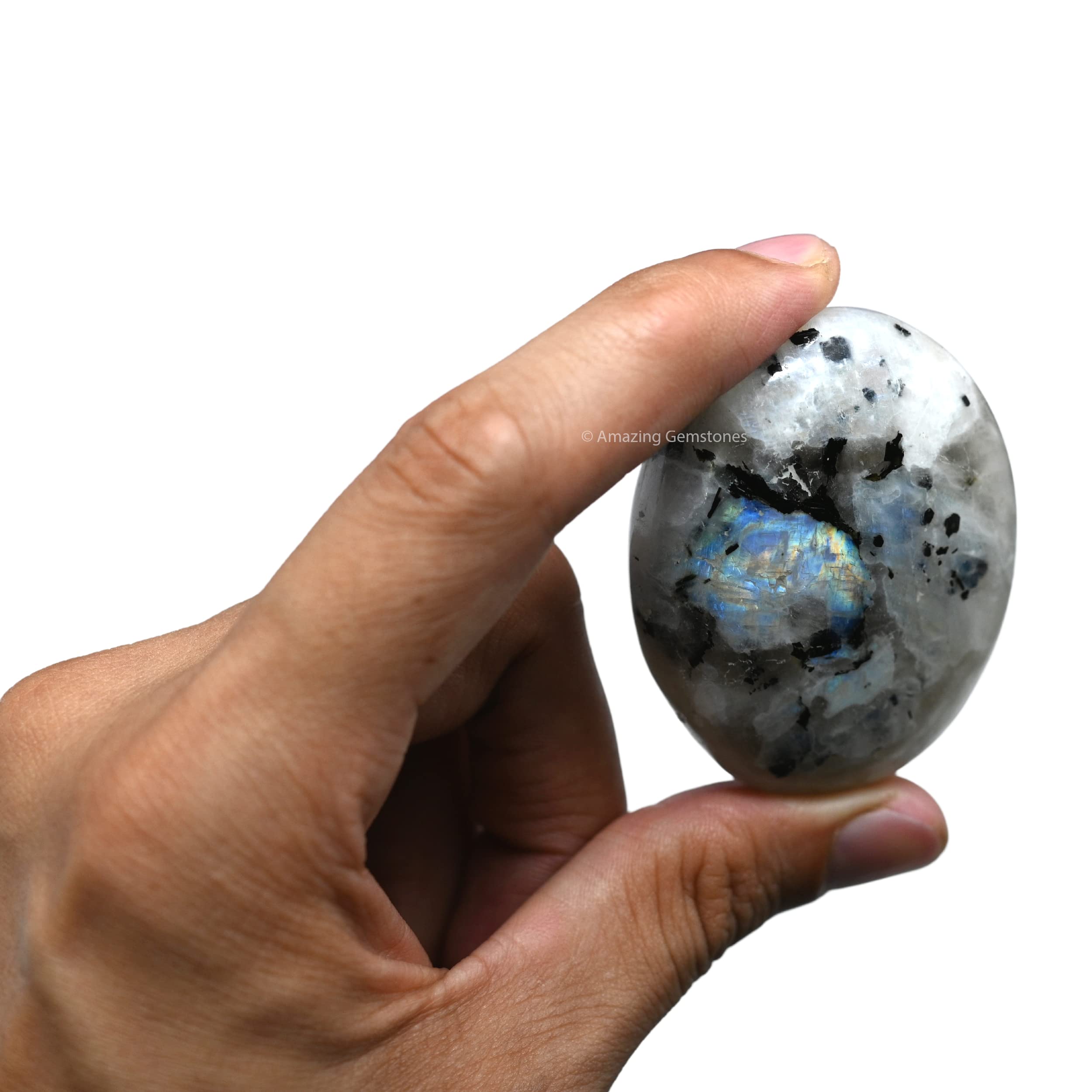 Rainbow Moonstone Palm Stone - Pocket Massage Worry Stone for Natural Body Chakra Balancing, Reiki Healing and Crystal Grid
