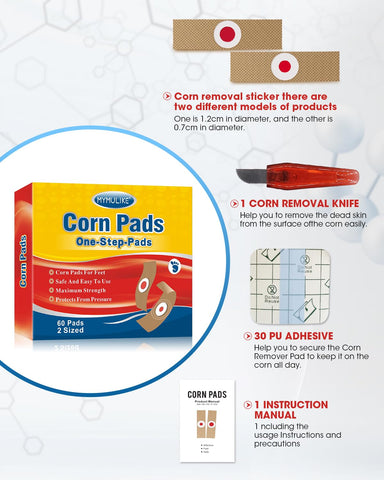 MYMULIKE Corn Removers for Feet 60 Pack, 30 Large Size and 30 Small Size Foot Corn Removers, 2 Size Corn Removers for Toe (60 Co