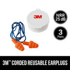 3M Corded Reusable Earplugs, 3 Pack, Noise Reduction Rating (NRR) 25 dB, Easy To Use & Insert, Pliable & Tri-Flange Design Enhan
