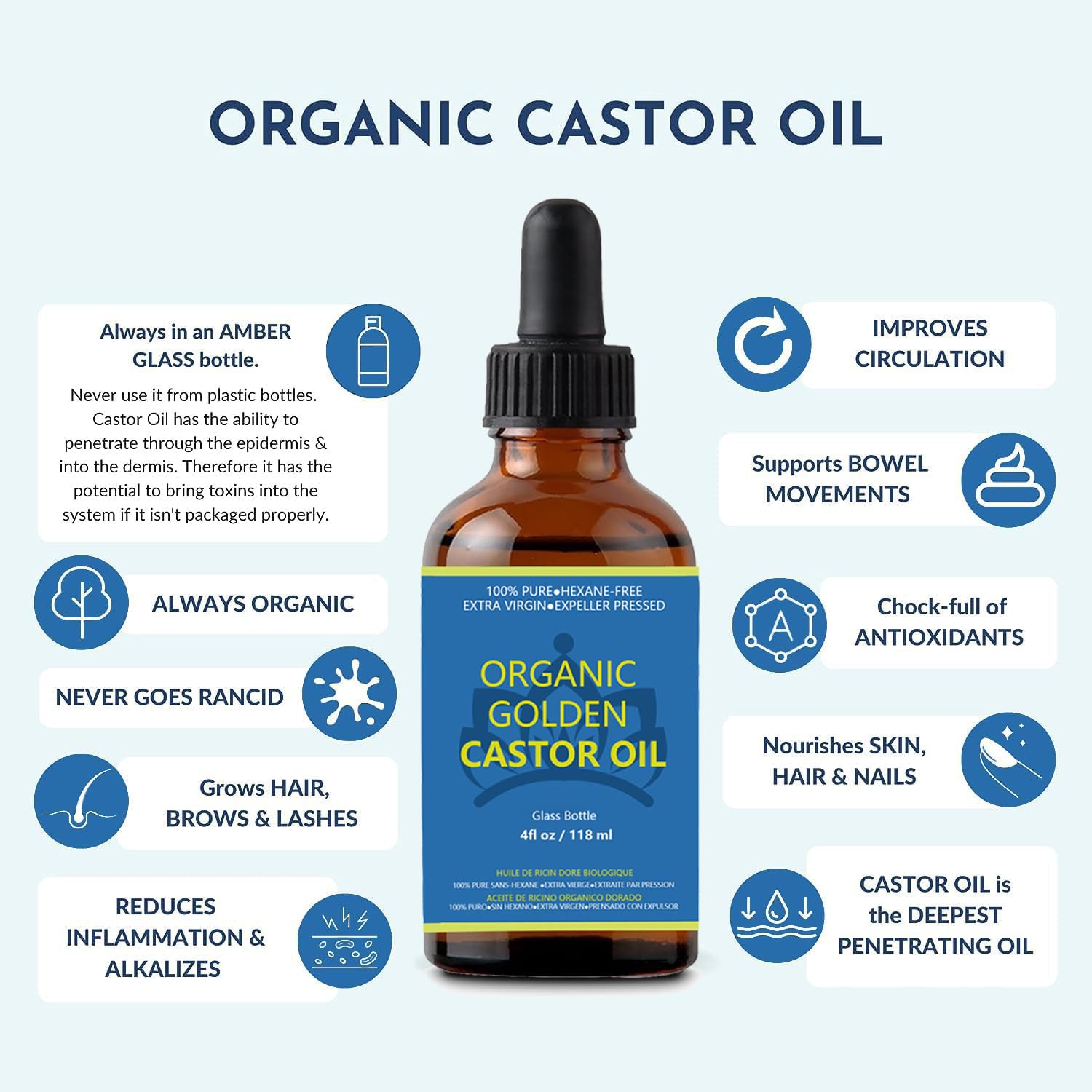 Castor Oil Organic Cold Pressed Unrefined Glass Bottle(4fl.oz/118ml), Zero Allergy Castor Oil Pack Wrap | Disposable Adhesive-Fr