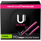 U by Kotex Click Compact Tampons, Super Absorbency, Unscented, 192 Count (6 Packs of 32) (Packaging May Vary)
