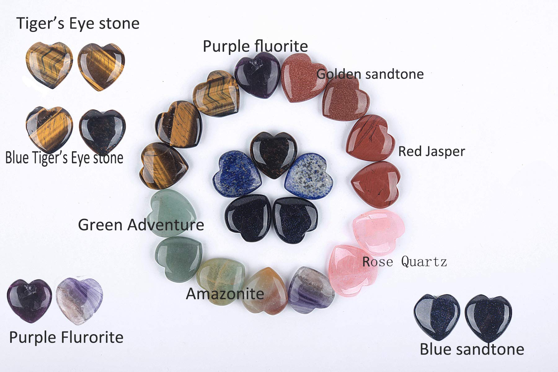 JIC Gem 20 pcs Mixed Crystal Heart Stones Heart Shape Chakra Stones 30mm Reiki Balancing Hand Carved Polished Palm Worry Stone G