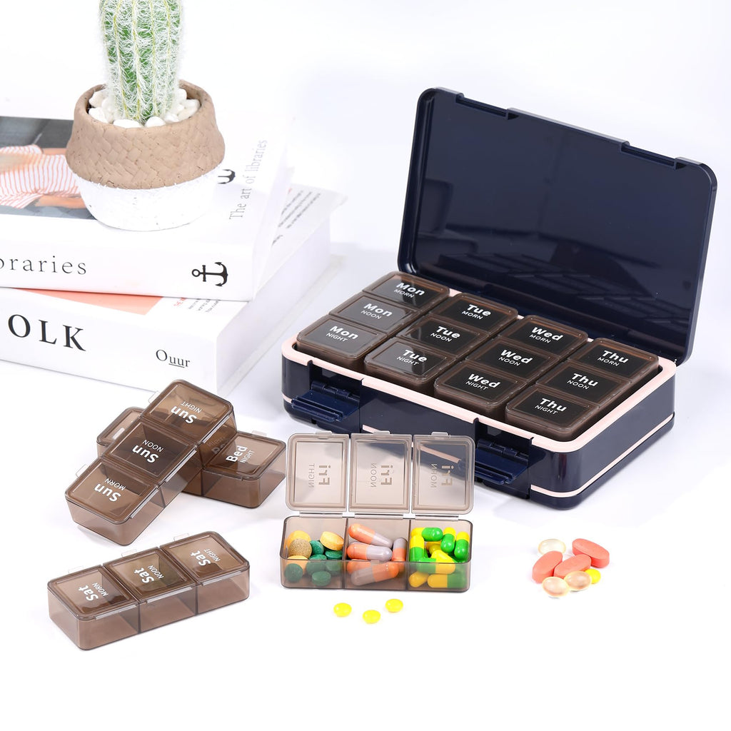 Rinten Pill Organizer 3 Times a Day, Weekly Pill Box Medicine Organizer Box, Travel Double Side 7 Day Pill Case with Backup One