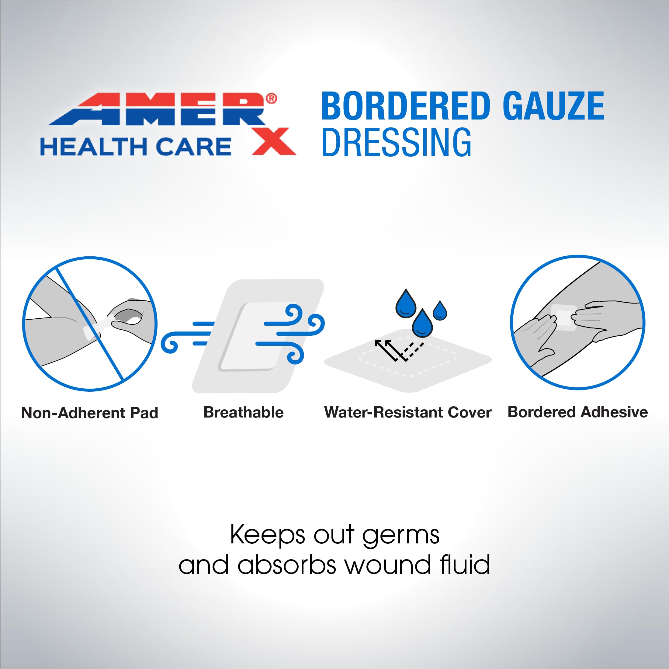 2 x 2 Dressing (1x1 Pad) AMERX Bordered Gauze - Adhesive Bandages - Water Resistant Barrier - Self Adhesive Border - Breathable,