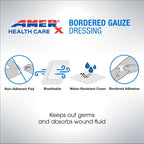 4 x 4 Dressing (2x2 Pad) AMERX Bordered Gauze - Adhesive Bandages - Water Resistant Barrier - Self Adhesive Border - Breathable,