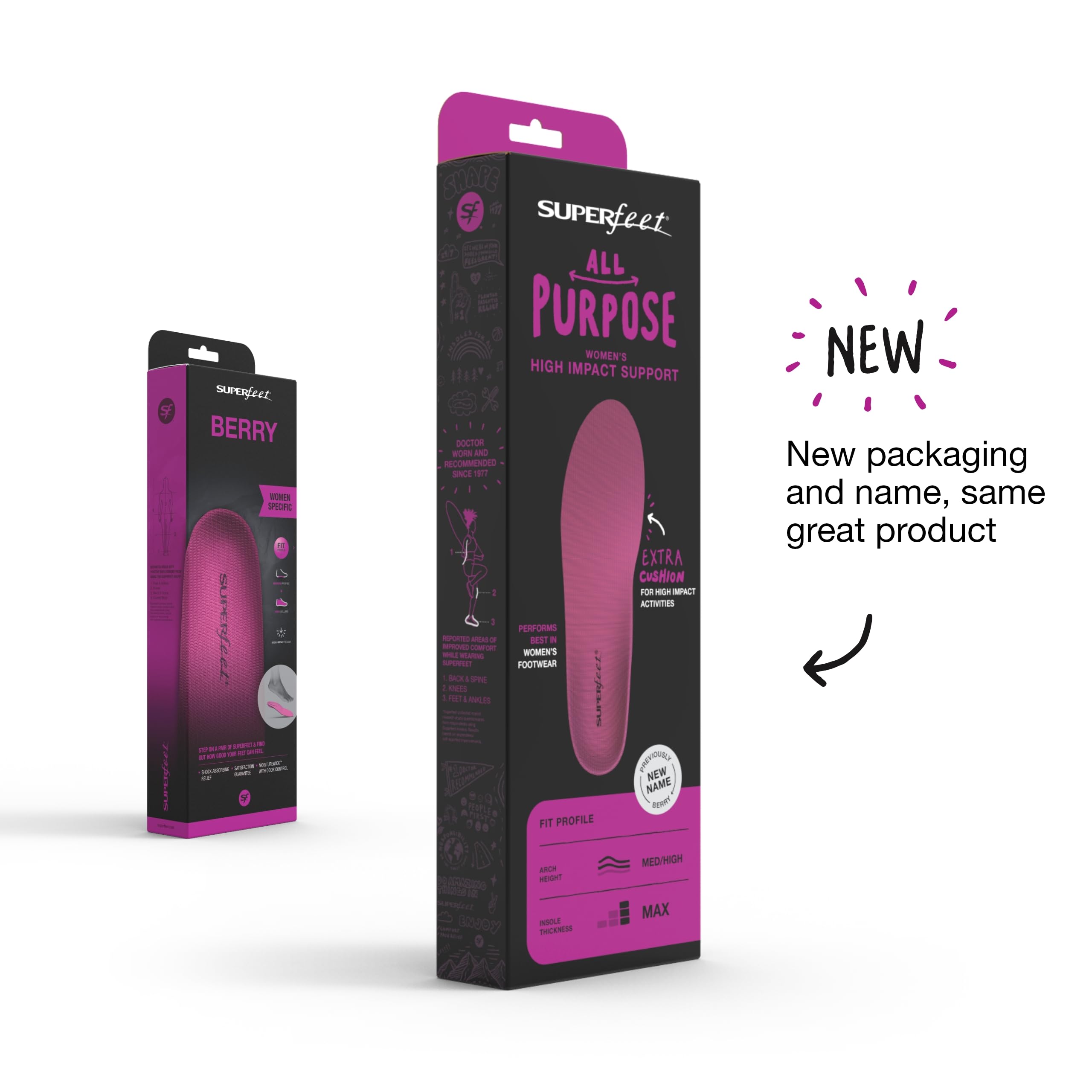 Superfeet All-Purpose Womens High Impact Support Insoles (Berry) - Trim-To-Fit Orthotic Arch Support Inserts for Womens Runnin