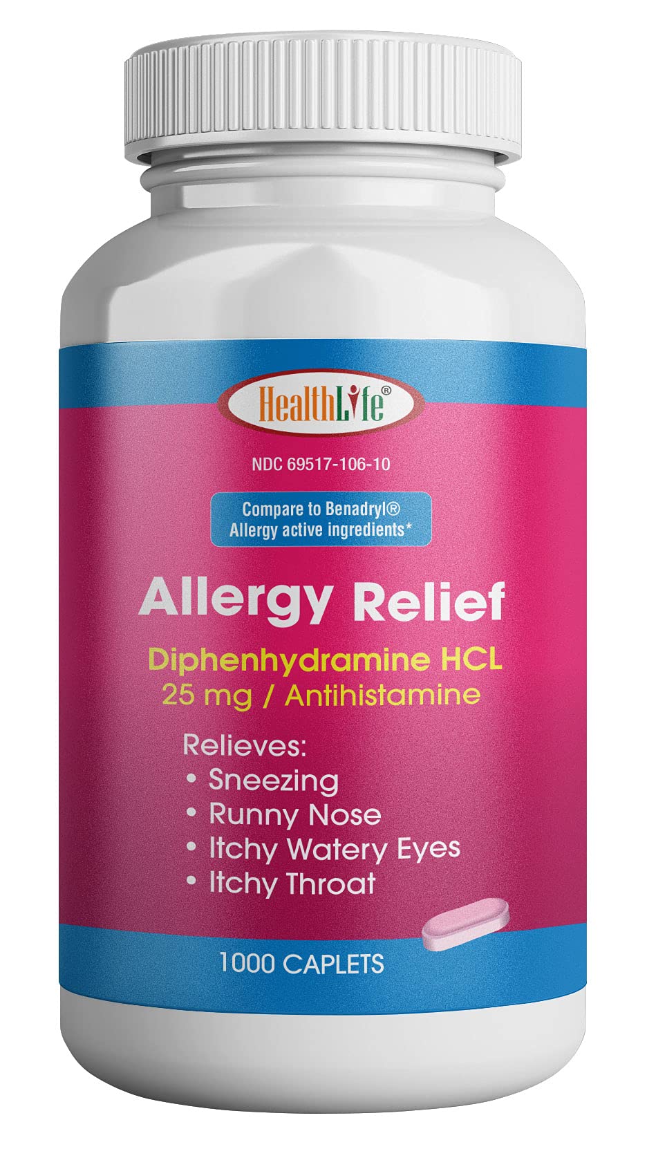 HEALTH LFE Allergy Relief, Medicine Diphenhydramine HCl Caplets, 25 mg | Children and Adults | Relieves Sneezing, Runny Nose, Ha