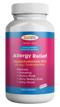 HEALTH LFE Allergy Relief, Medicine Diphenhydramine HCl Caplets, 25 mg | Children and Adults | Relieves Sneezing, Runny Nose, Ha