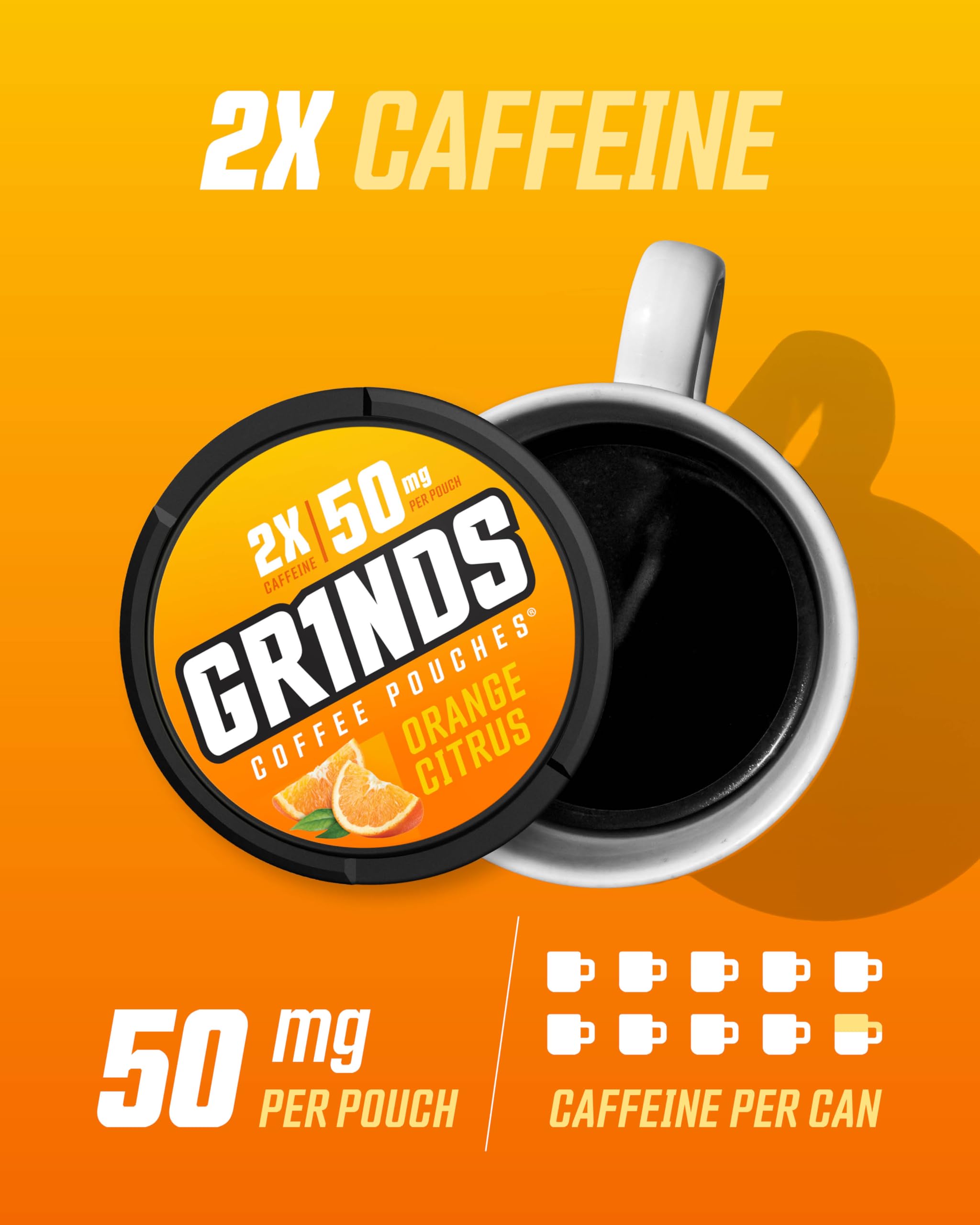 Grinds Coffee Pouches | Tobacco Free, Nicotine Free Healthy Alternative | 6 Cans of Orange Citrus | 18 Pouches Per Can | 1 Pouch