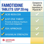 Glenmark Original Strength Famotidine Tablets, 20 mg, Acid Reducer for Heartburn Relief, 85 Count