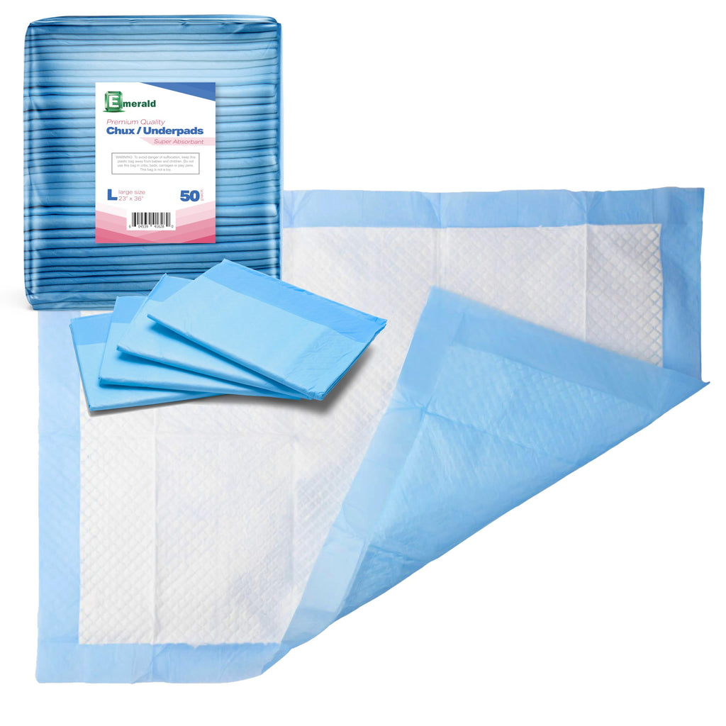 Emerald Incontinence Underpads, 50 Pads, Waterproof Plastic Backing, Highly Absorbent Cotton Fluff, Non-Skid, for Bedwetting, Pe