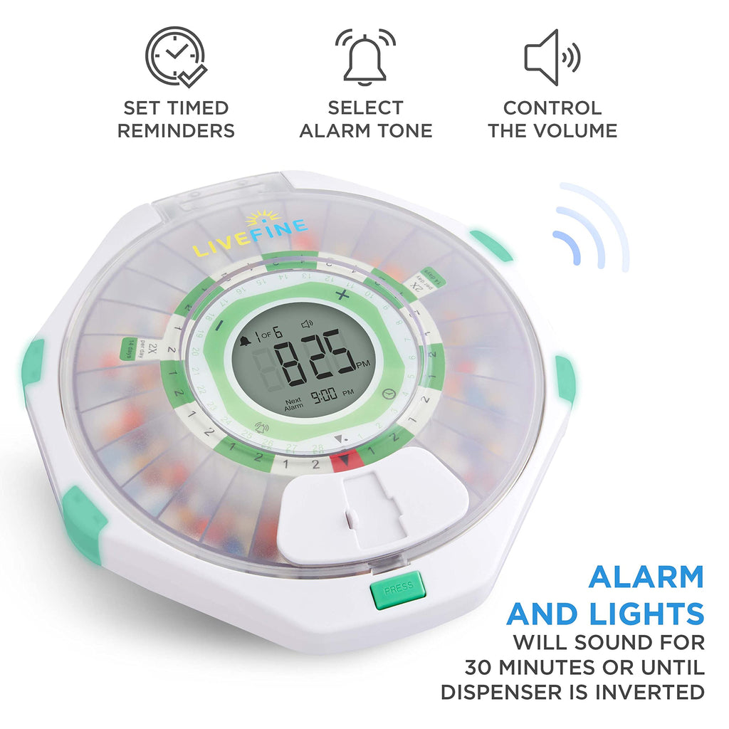 Live Fine 28-Day Automatic Pill Dispenser Frosted Lid with Upgraded LCD Display and Key Lock, Sound & Light for Prescriptions, M