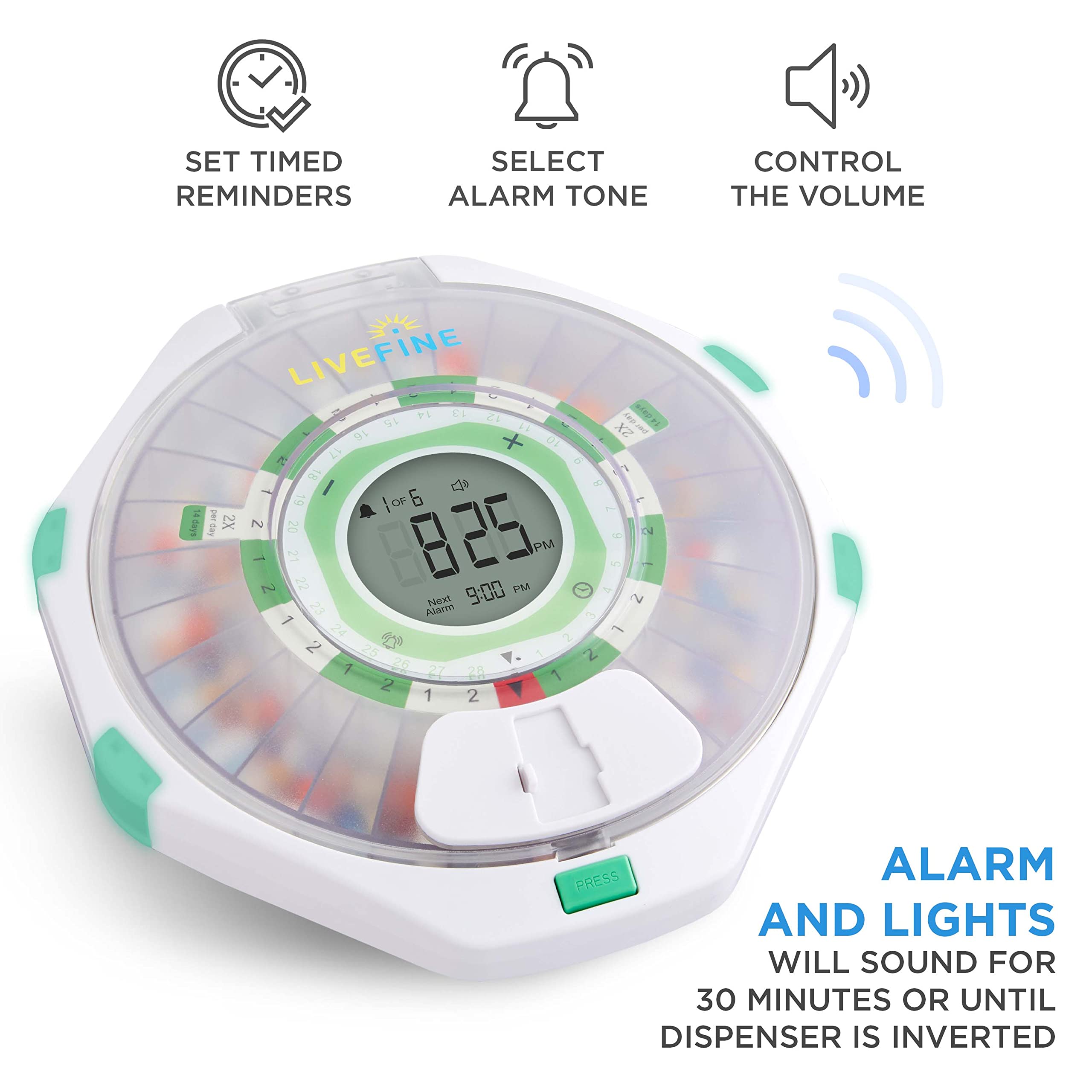 Live Fine 28-Day Automatic Pill Dispenser Frosted Lid with Upgraded LCD Display and Key Lock, Sound & Light for Prescriptions, M