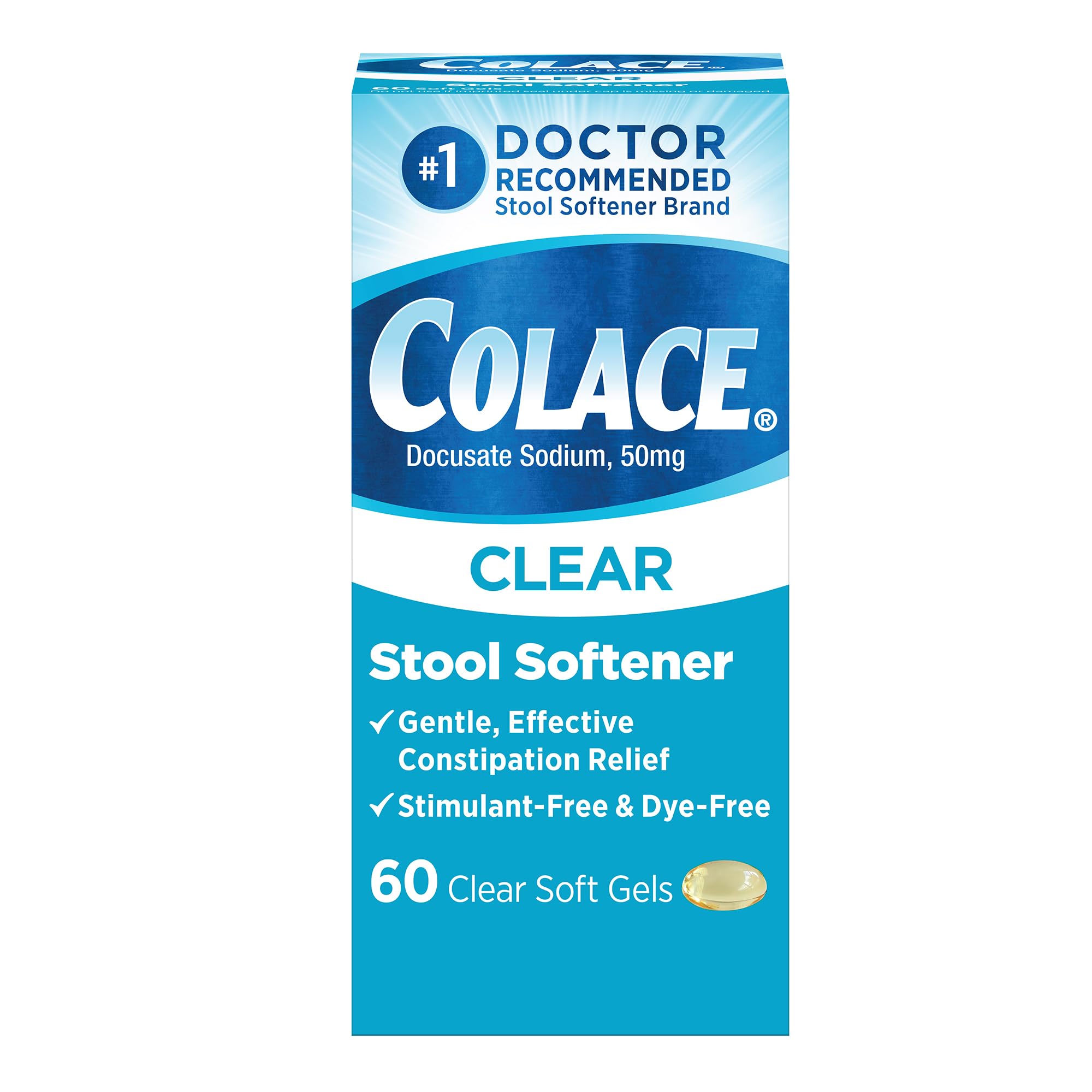 Colace Clear Stool Softener Soft Gel Capsules Constipation Relief 50mg Docusate Sodium Doctor Recommended 60ct