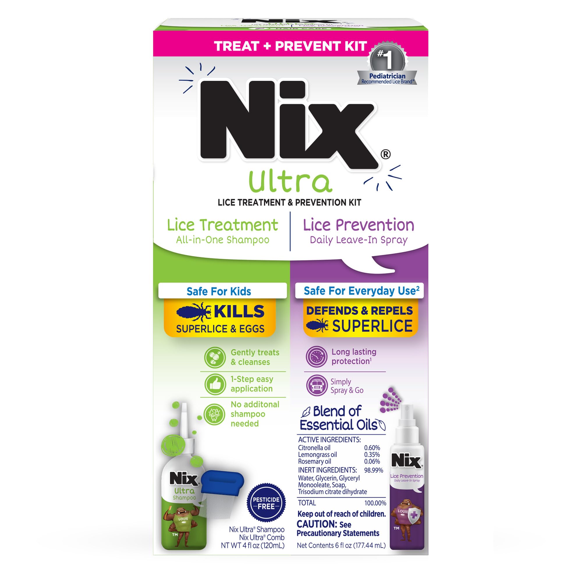 Nix Lice Treatment & Prevention Kit, All-in-One Shampoo, 4 fl oz, with Lice Removal Comb and Lice Prevention Daily Leave-in Spra