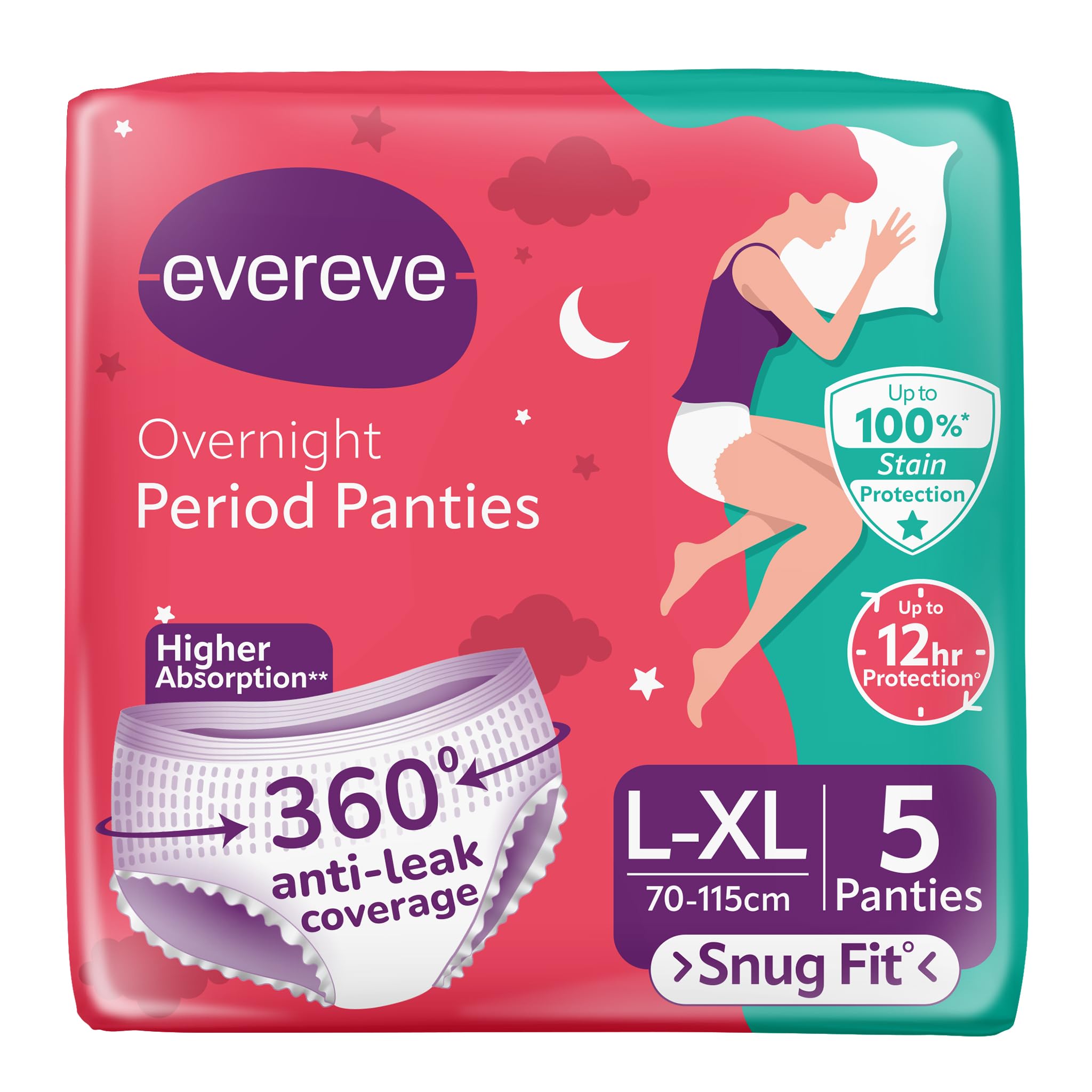Evereve Period Panty For Girls & Women, (LXl), 5 Pcs, 360 Degree Coverage, 0% Leaks, High Absorbency For Heavy Flow, Maternity 